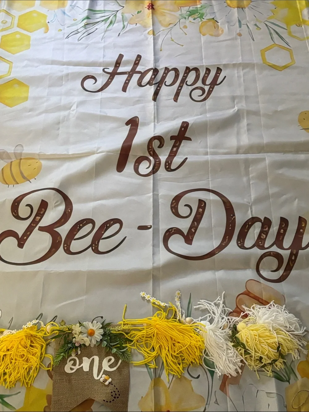 Happy 1st Bee-Day Backdrop - Yellow & White and tassel one hanger